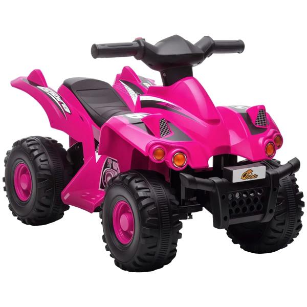 Pink kids electric quad bike with black handlebars and chunky tread tires