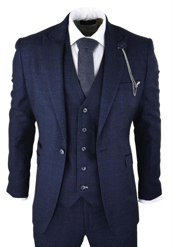 House of Cavani Mens 3 Piece Navy Blue Check Tweed Retro Classic Suit