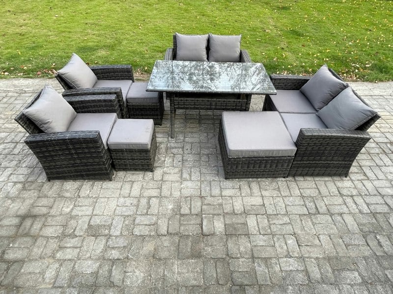 Fimous Garden Furniture Sets 8 Pieces Rattan Furniture Handmade Wicker Patio Sofa Set with 3 Footstools Dark Grey Mixed