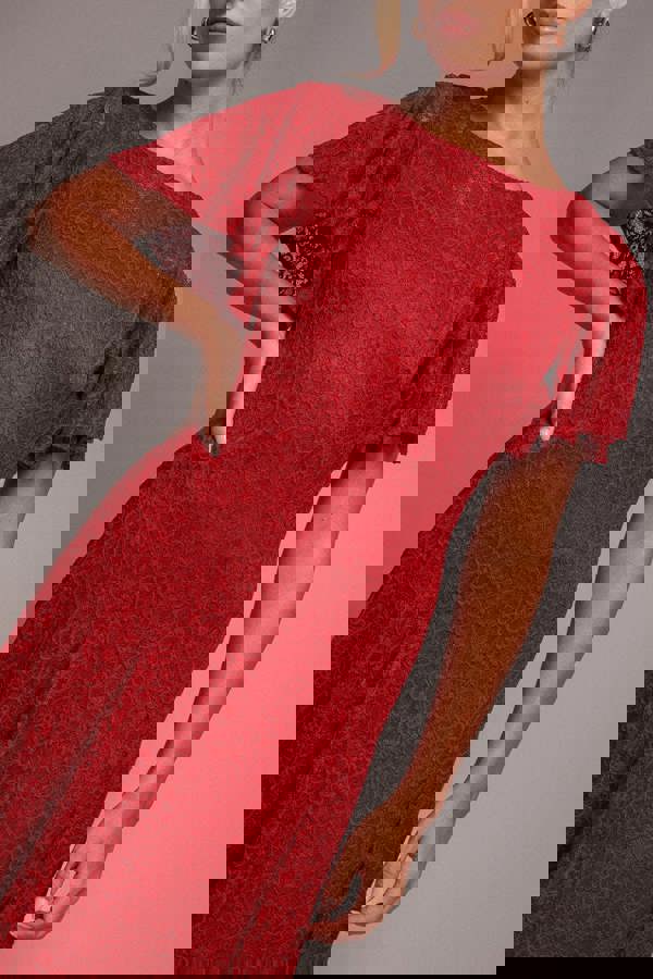 Flutter Sleeve Lace A-Line Midi Dress - Red DR4498