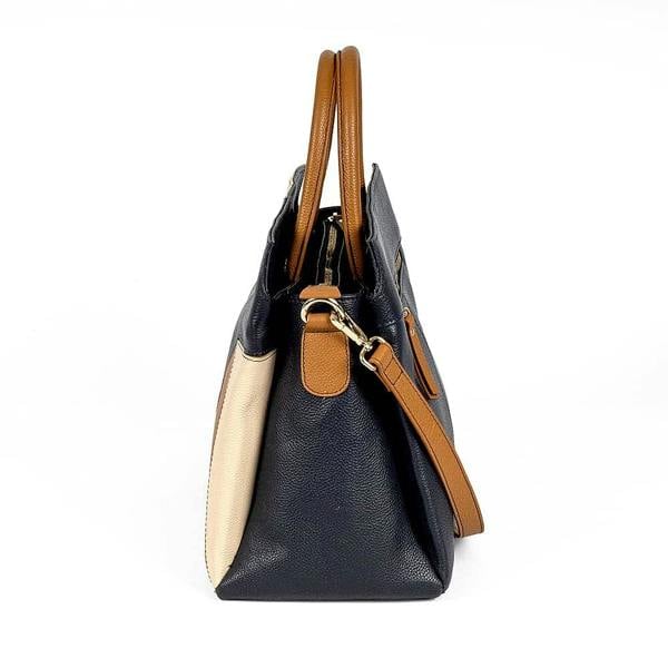 Pia Tan & Navy Leather Cross-Body Bag, Croc-Embossed Trim with Gold