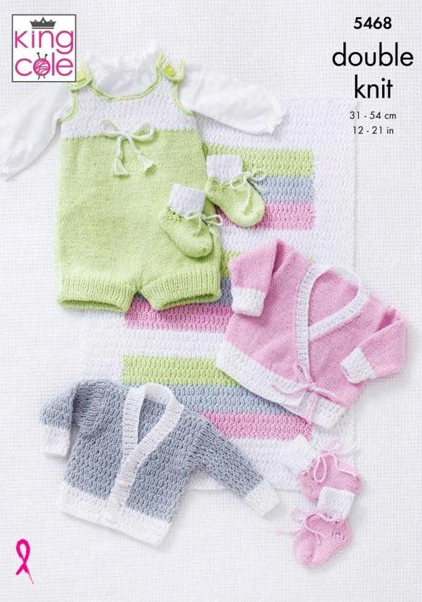 King Cole Cottonsoft DK Knitting Pattern 5468, Cardigans, Blankets, Shoes, Onesies for Baby, 12 - 21 Inches
