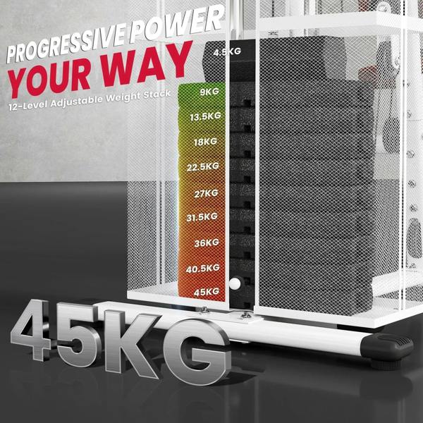 White cable weight stack home gym with adjustable weight levels and protective mesh cover