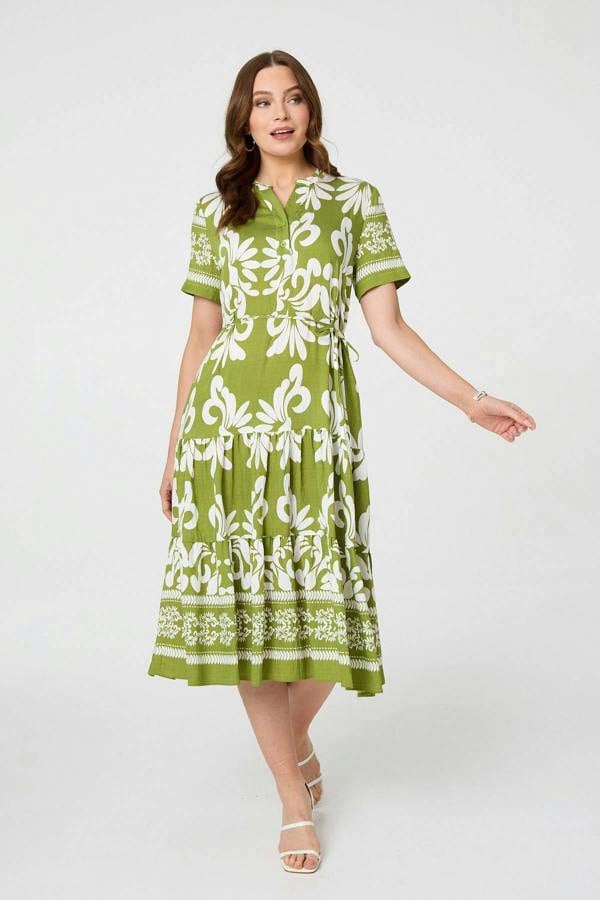 Green | Abstract Short Sleeve Tiered Midi Dress