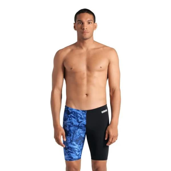 Blue and black crackle swim jammer with camo pattern