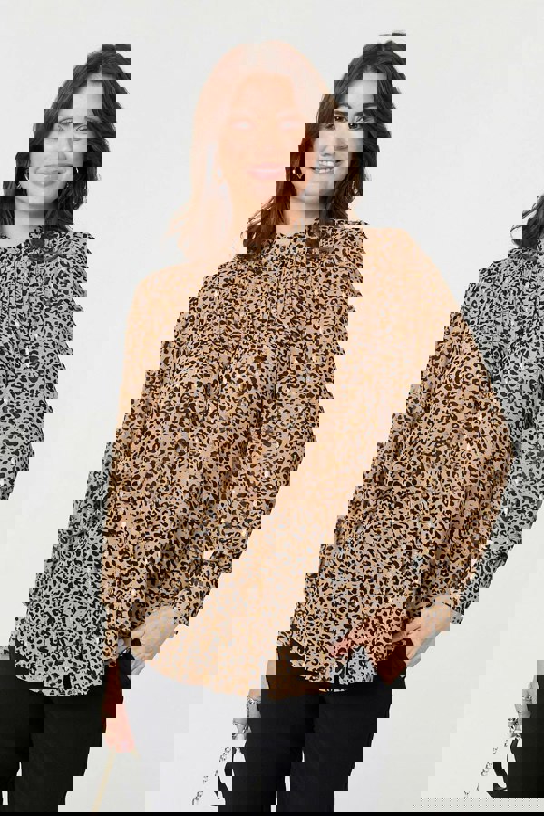 Beige | Animal Print High Neck Loose Fit Blouse
