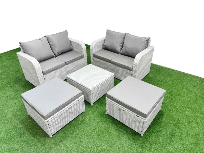 Fimous 6 Seater Outdoor Love Sofa Set Rattan Garden Furniture Set with Square Coffee Table 2 Footstool Light Grey