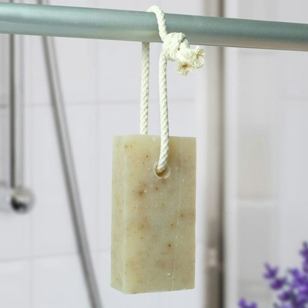 lavender - friendly soap on a rope hanging up in shower room