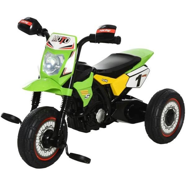 Kids ride-on motorcycle trike in green with yellow side panel, headlight, and handlebar grips.