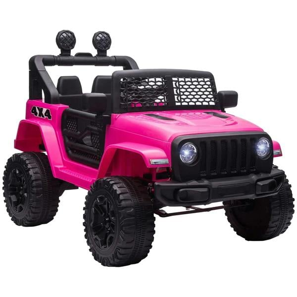 Pink 12V ride-on off-road car toy with black grille and large knobby wheels, front view