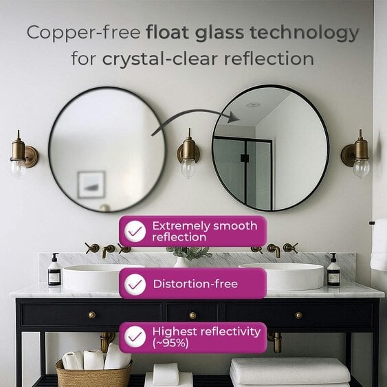 Neo 60cm Black Round Metal Frame Wall Mirror Float Glass HD Reflection Anti-Rust Moisture-Proof Wall Mounted Bathroom Bedroom Hallway Living Room
