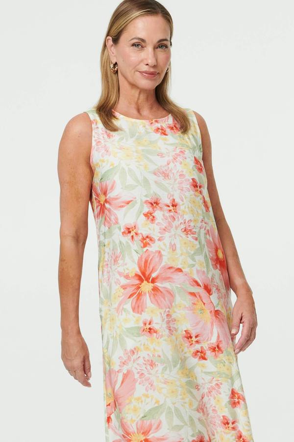White | Floral Sleeveless Midi Shift Dress