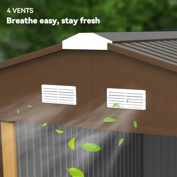 Light brown metal shed side with four vent openings for airflow