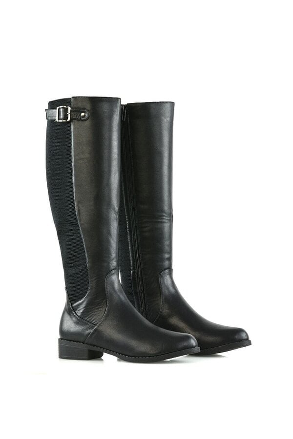 XY LONDON Knee High Flat Low Heel Long Boots With Stretchy Calf