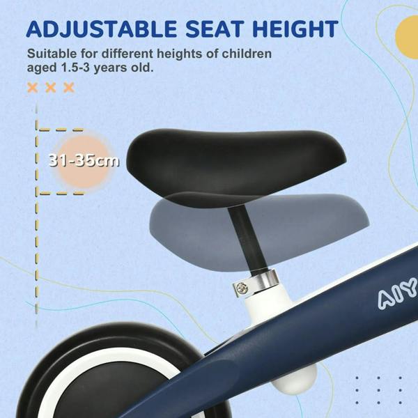 Blue balance bike with adjustable black seat height, close-up of saddle and front wheel
