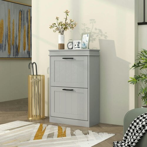 Wyld Haus Falifa Wooden Grey Minimal 2 Drawer Shoe Cabinet For 10 Pairs