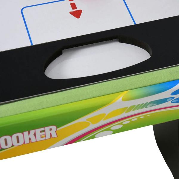 Close-up of multi-game table playfield with green edge and oval goal opening