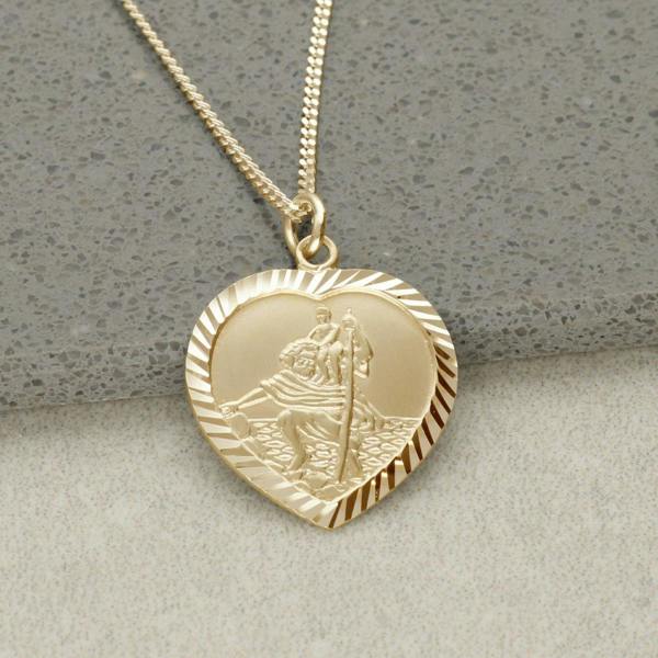 Christopher James of London 9ct Yellow Gold Plated Diamond Cut Heart St Christopher Pendant With Optional Engraving and Chain