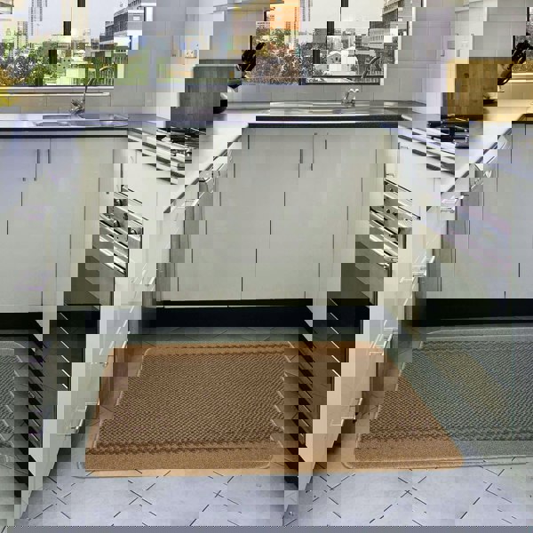 Machine Washable Designer Mats Bordered Line Design Beige