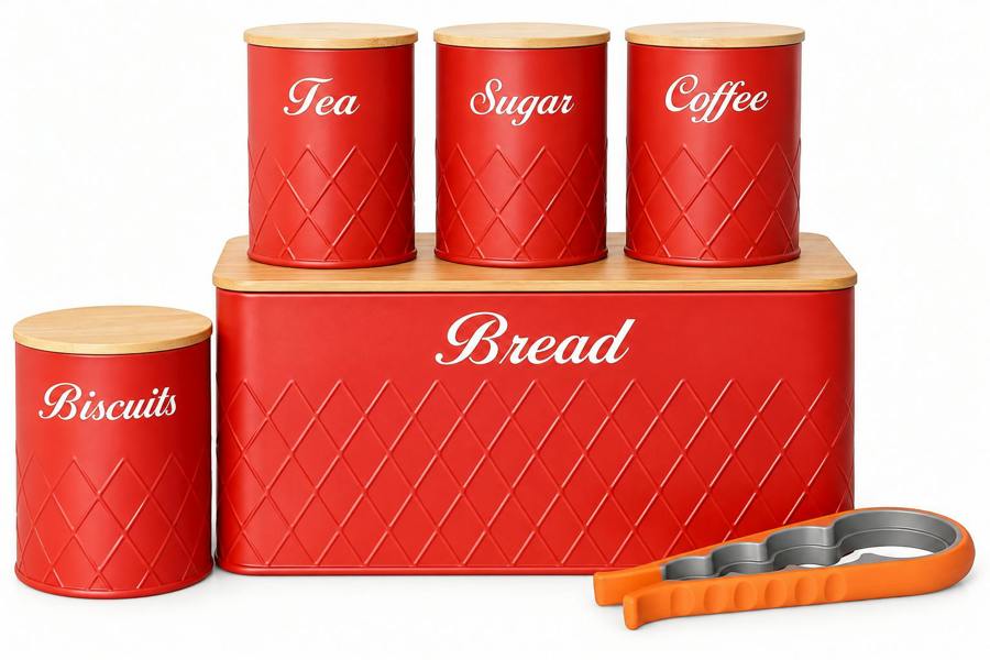 ATEK 5 Piece Kitchen Canister Set Bamboo Lids Tea Coffee Sugar Biscuits Bread Red