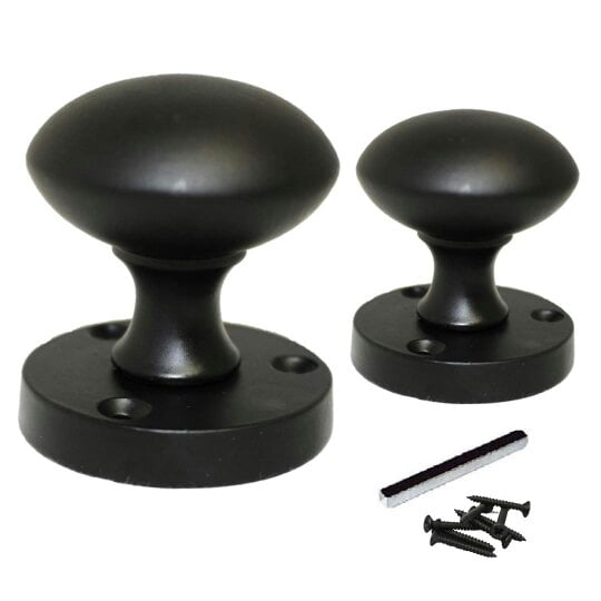 EDH Door Hardware Matt Black Round Door Knob Set Including Tubular Latch - Victorian Style Sprung Internal & External Door Knobs
