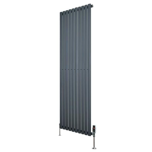 Sleek anthracite grey oval single column radiator, 1800mm x 600mm, featuring vertical slats and stylish valves for modern interiors