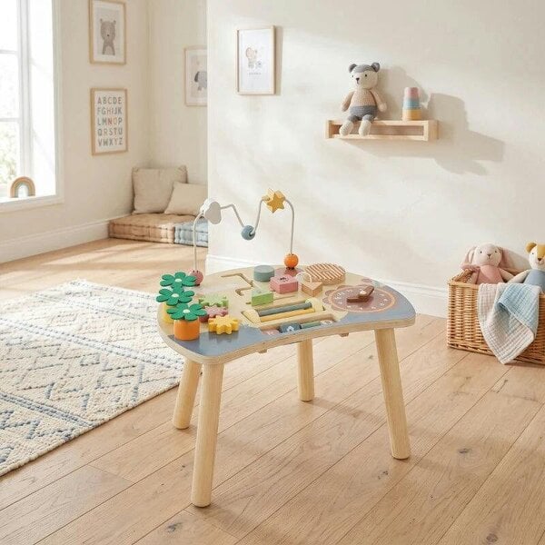 Wooden Baby Activity Table for 1-3 Years, 6-in-1 Montessori Activity Table with Gears, Bead Maze, Rotating Clock
