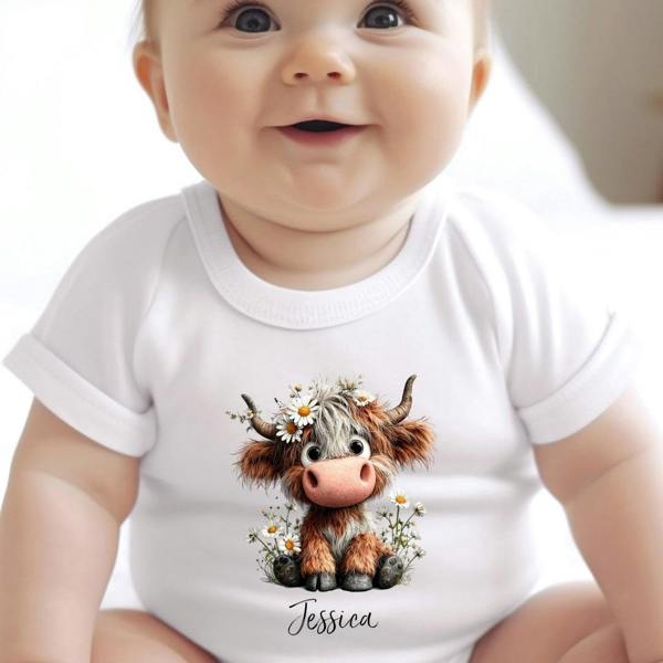 Personalised Daisy Highland Cow Baby Grow, Vest or Bib with Name
