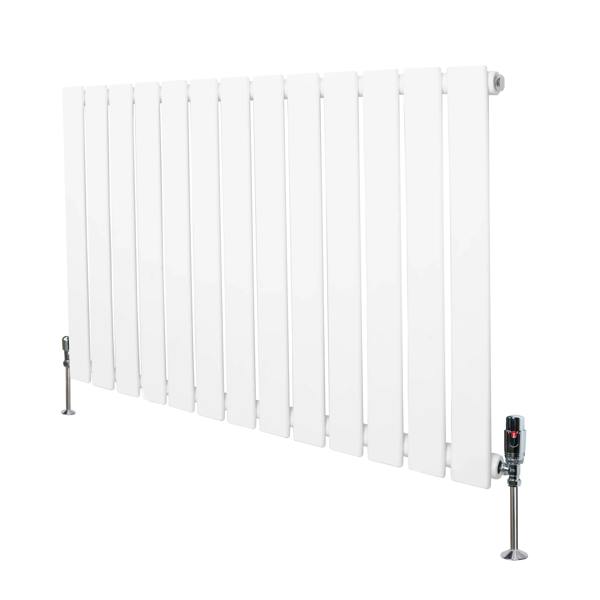 Flat single column radiator in white, 600mm x 910mm, featuring a sleek design with vertical slats and included valves for easy installation