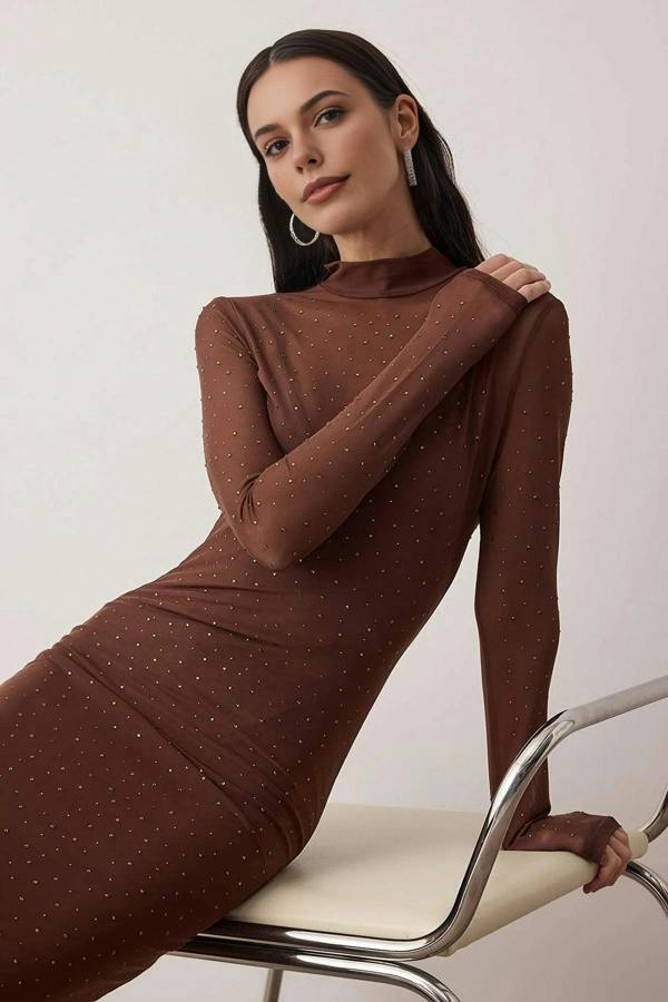 WOVCOR Black Tulle Evening Dress with Shiny Stones