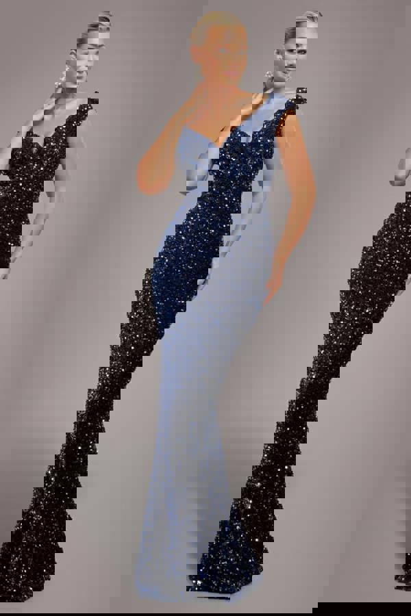 Multi Sequin & Velvet Bardot Maxi Dress - Navy Blue DR3512