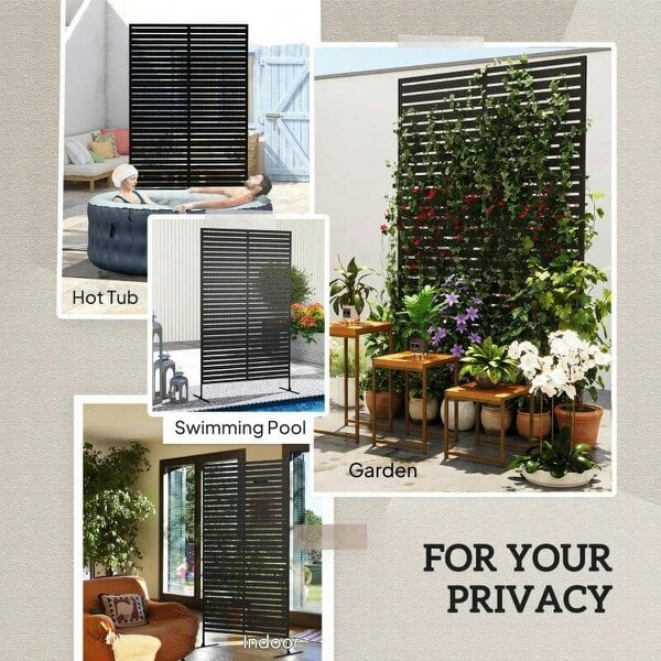 Decorative Privacy Fence Screen, Metal Outdoor Privacy Screen Climbing Plant Trellis with Stand, 122 x 198 cm, Black