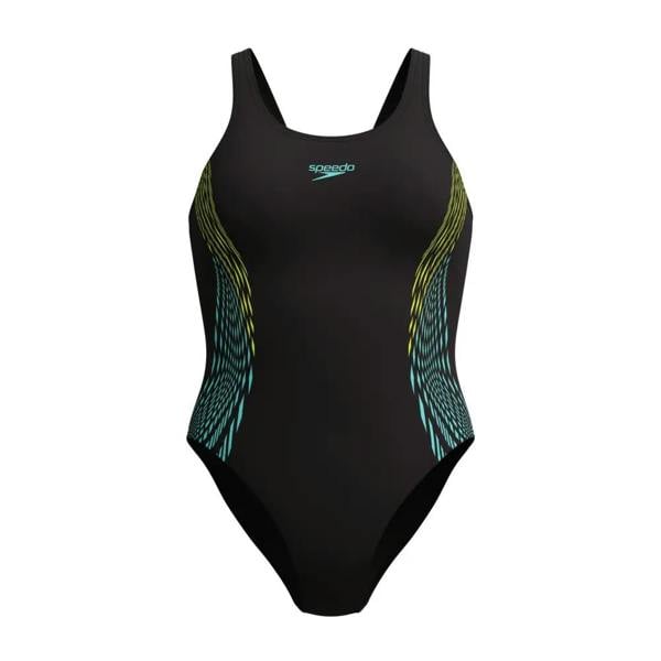 Black Speedo placement muscleback swimsuit with yellow feather sides