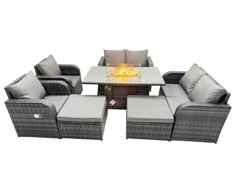 Fimous 8 seater Patio Gas Firpit Dining Table Sofa Sets Rattan Garden Furniture Dining Set with 2 Big Stools Dark Grey Mixed
