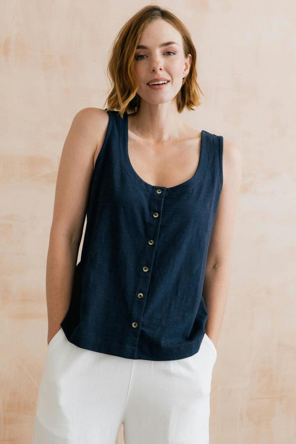 Pier Organic Cotton Jersey Button Vest Navy