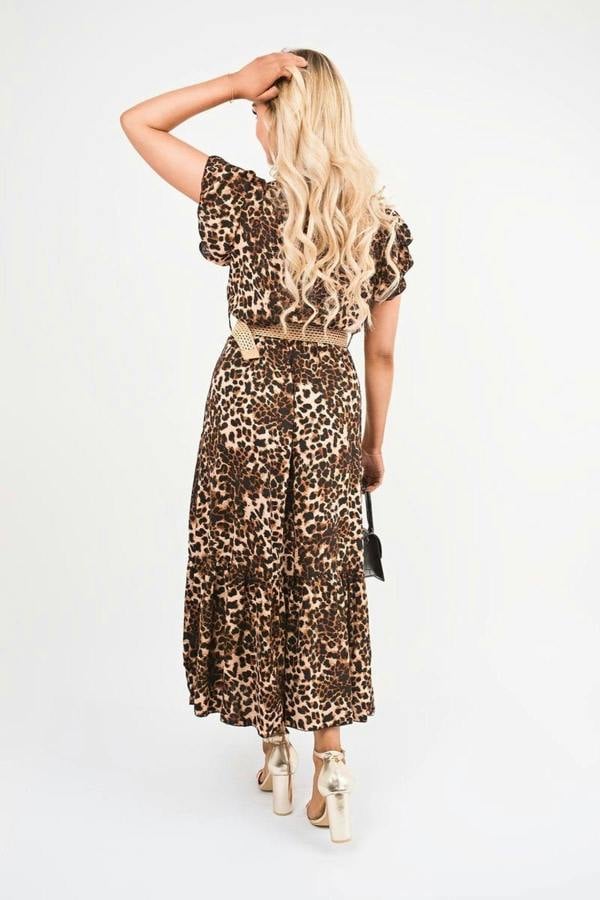 Kareen V Neck Short Sleeve Tiered Midi Dress With Belt - Leopard