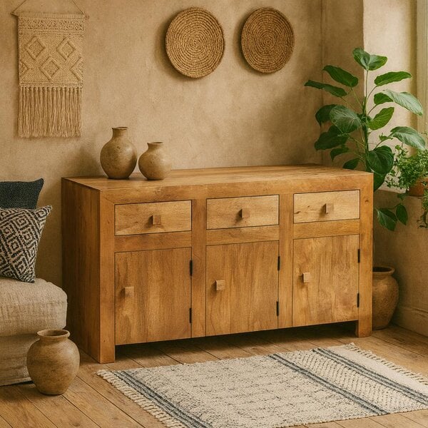 Wyld Haus Manila Light Mango Wood Large Sideboard 3 Drawers 3 Doors