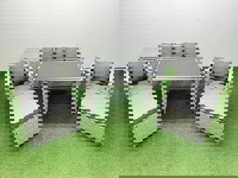 Fimous Patio Garden Furniture Sets with Black Glass Top Dining Table Armchair 3 Seater Sofa Side Table 2 Big Stool Light Grey