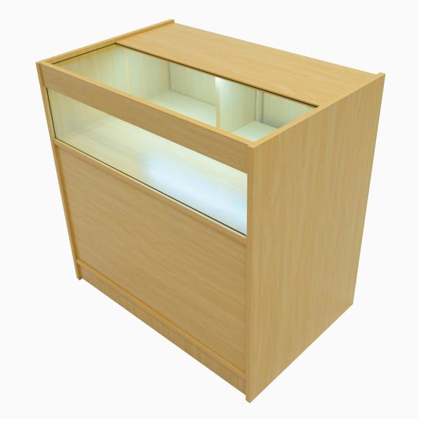 Luna LED Shop Counter Set in maple finish features a sleek design, glass display top, and illuminated interior for showcasing products