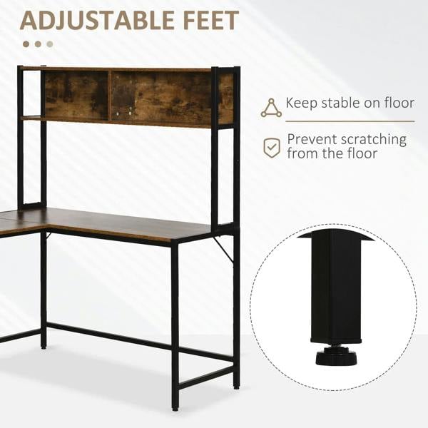 L-shaped desk with bookshelf and brown top; adjustable feet with floor-protecting pads