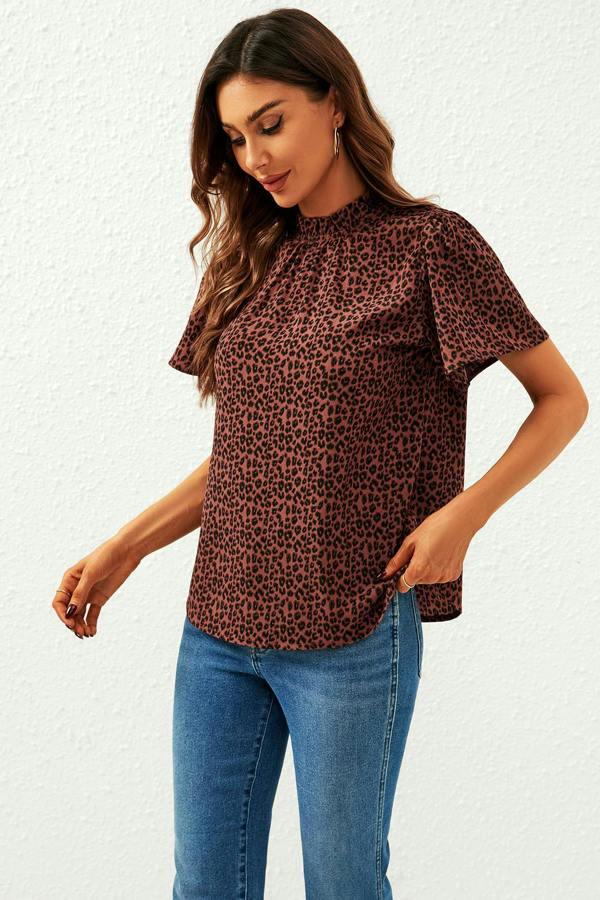 FS Collection Leopard Print Angel Sleeve High Neck Top/Blouse In Rusty