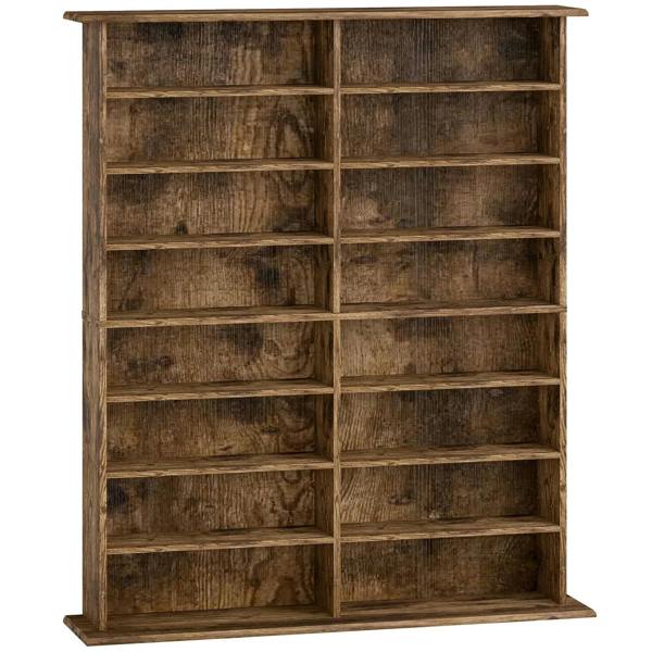 Rustic brown 16-compartment media shelf with open cubbies and wood frame