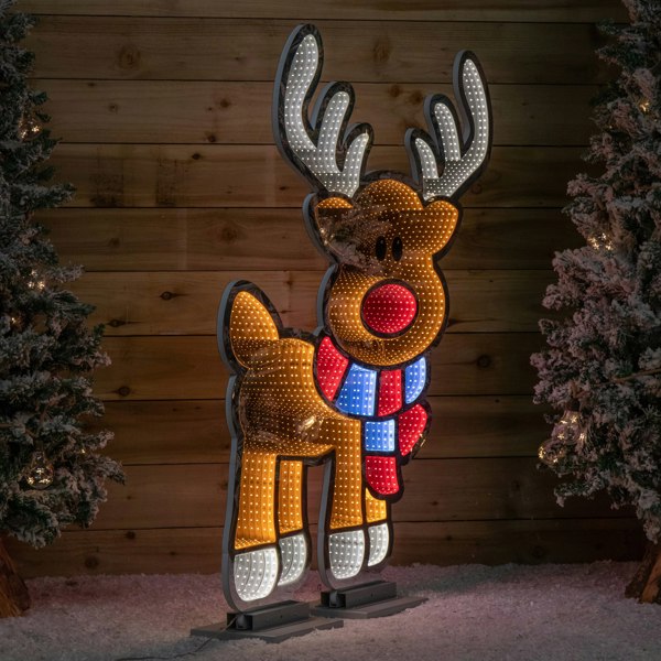 Samuel Alexander 1.20m x 1.9m Light up Cute Christmas Reindeer Infinity Mirror Decoration with Multi-Coloured LEDs