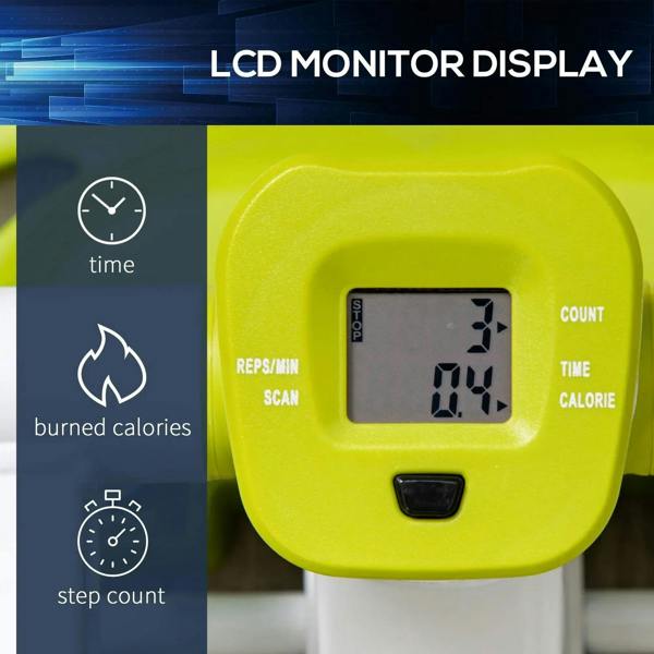 Yellow LCD monitor on mini stepper showing time, count, and step metrics