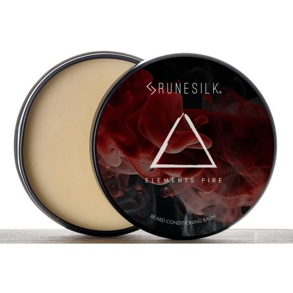 Runesilk beard conditioning balm container with a red rose design on a white background