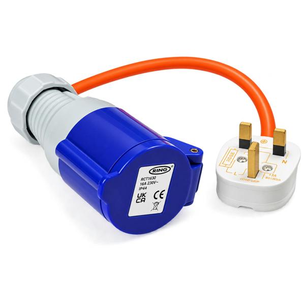 Ring Automotive UK Mains Adaptor 13A to 16A Caravan Motorhome Extension Lead, Connects Caravan Electrics to 240V Power Supply