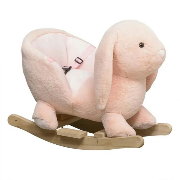 Pink plush rabbit rocking horse ride-on with wooden rocker base and fabric seat