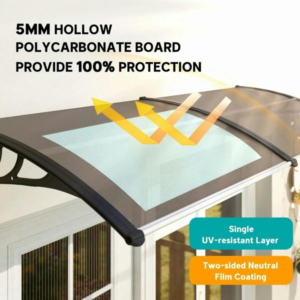 Clear UV-resistant brown door canopy awning with black frame and angled edges
