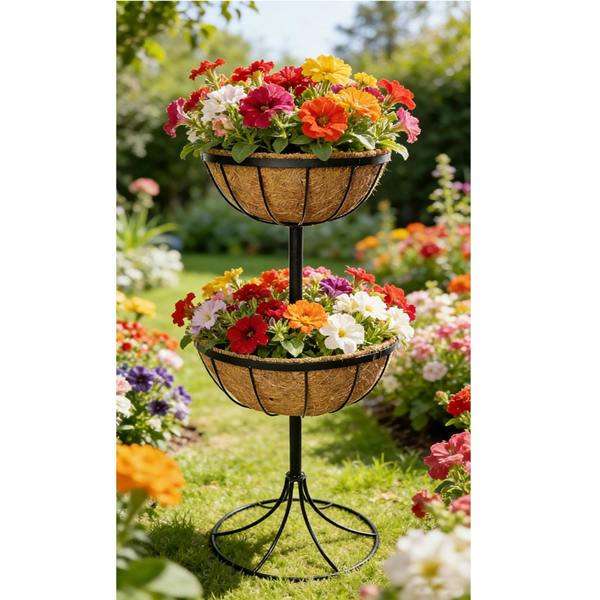 Gr8 Garden 2 Tier Flower Fountain Planter With Coco Liners Metal Outdoor Garden Decor Patio