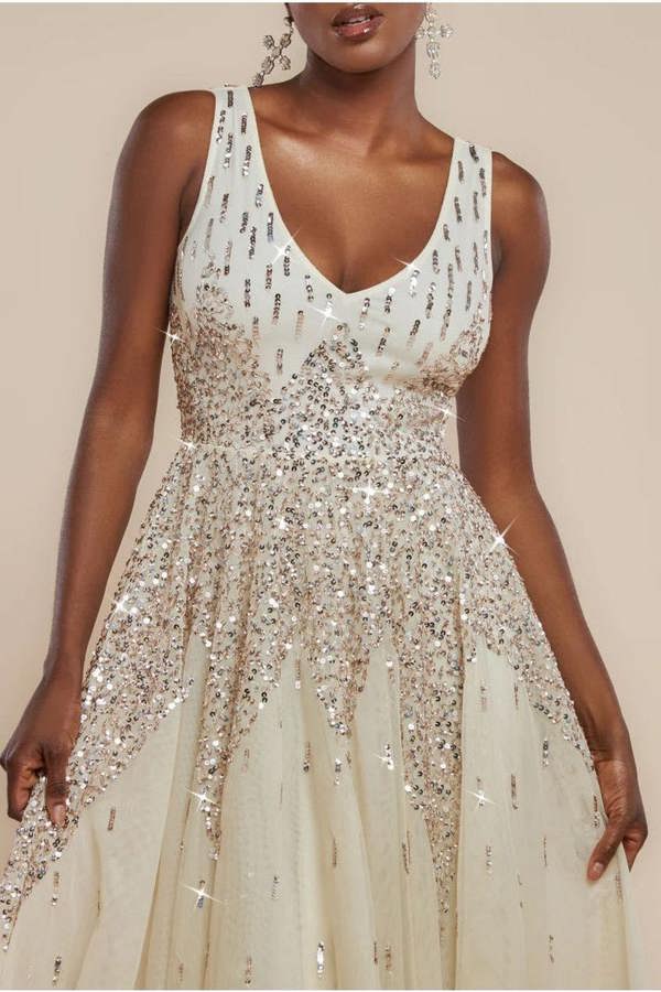 Sunray Hand Embellished Sequin A-Line Sleeveless Maxi Dress - Ivory DR2882